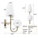 Gold double-headed wall sconce with milky white shades, 18.50" tall, 10.63" wide, E12 base