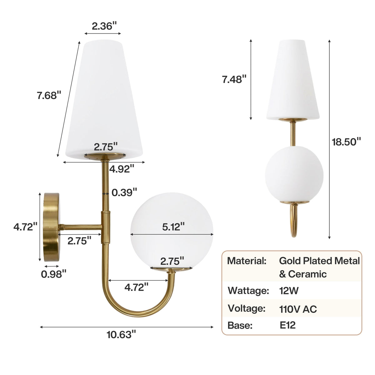 Gold Double-Headed Wall Sconce with Milky White Shades, Wall Lamp