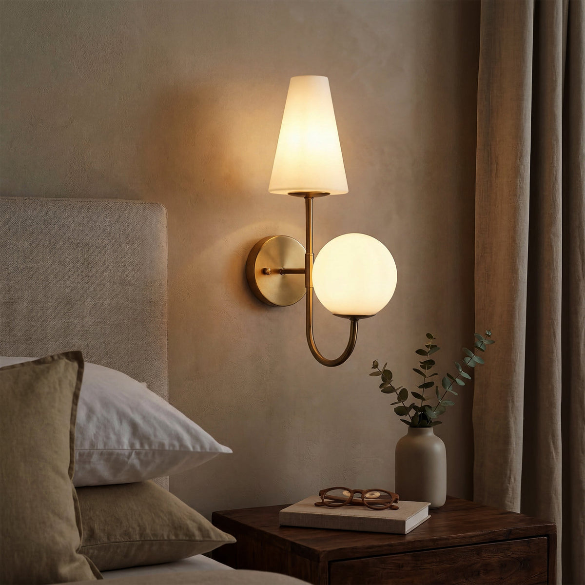 Gold Double-Headed Wall Sconce with Milky White Shades, Wall Lamp