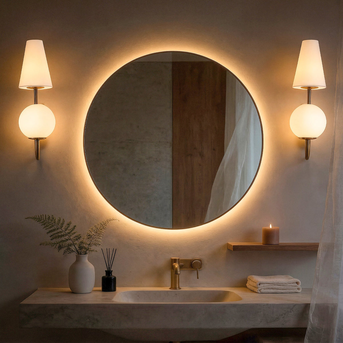 Gold double-headed wall sconce with milky white shades mounted on bathroom wall