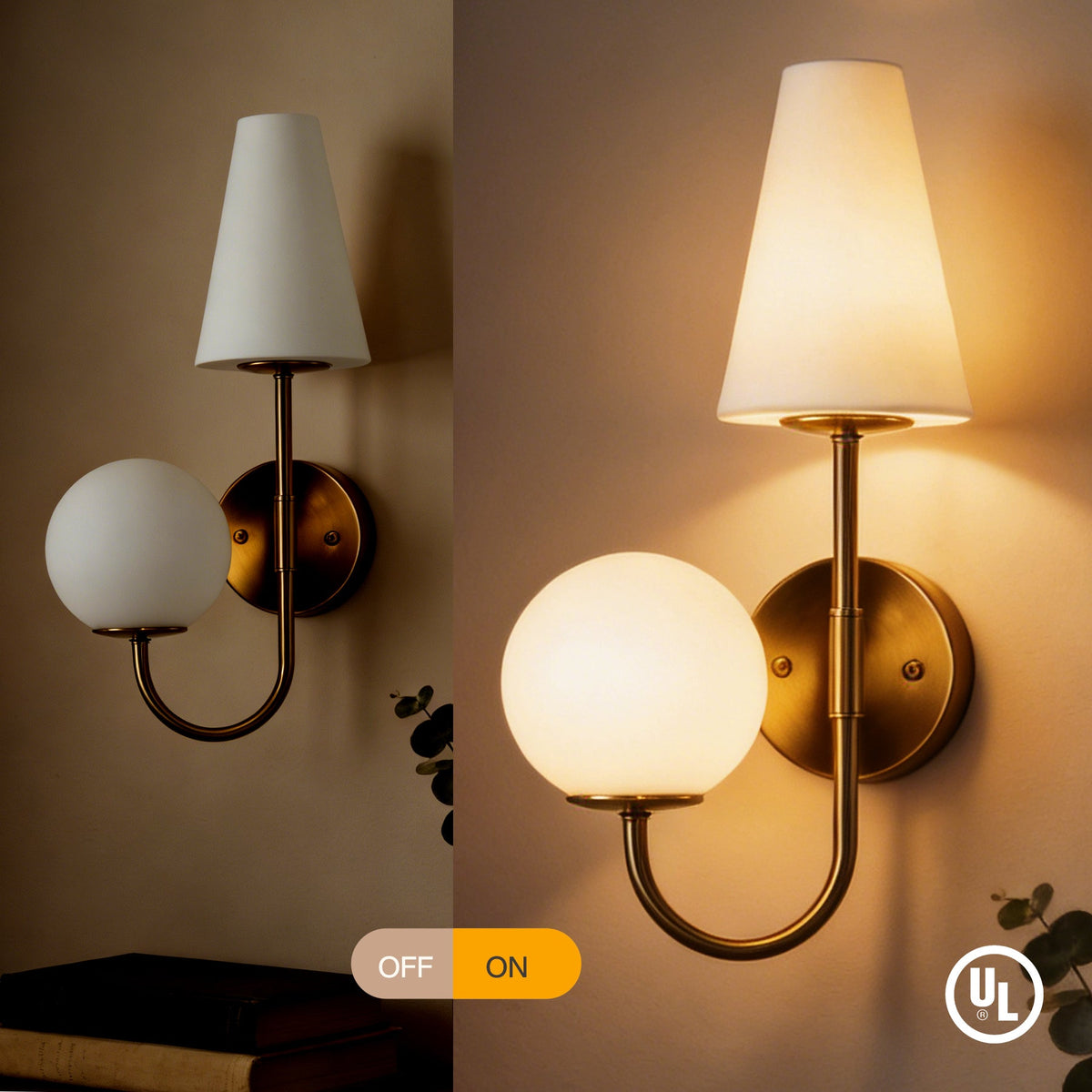 Gold double-headed wall sconce with milky white shades, shown on and off