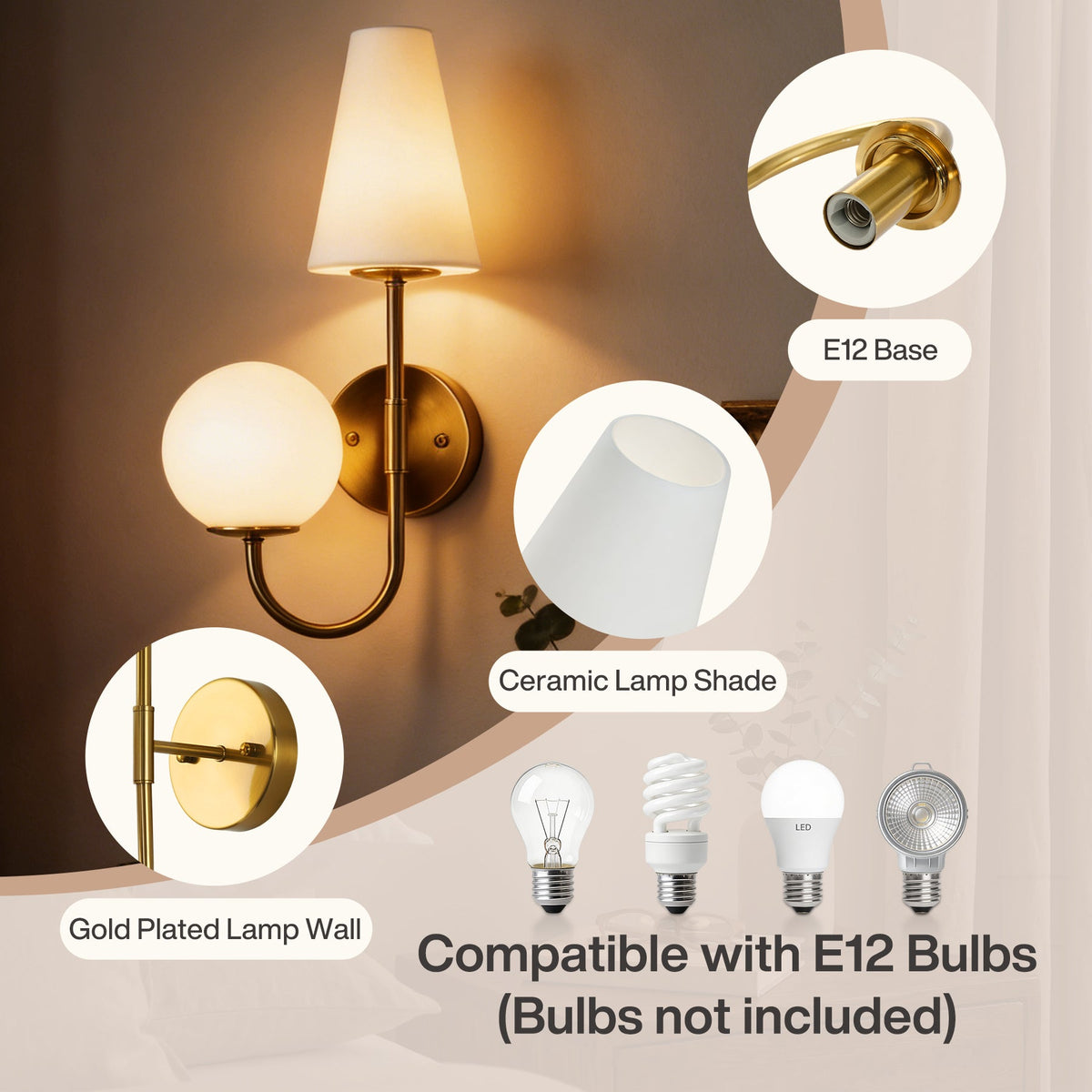Gold double-headed wall sconce with ceramic shades, shown mounted on wall