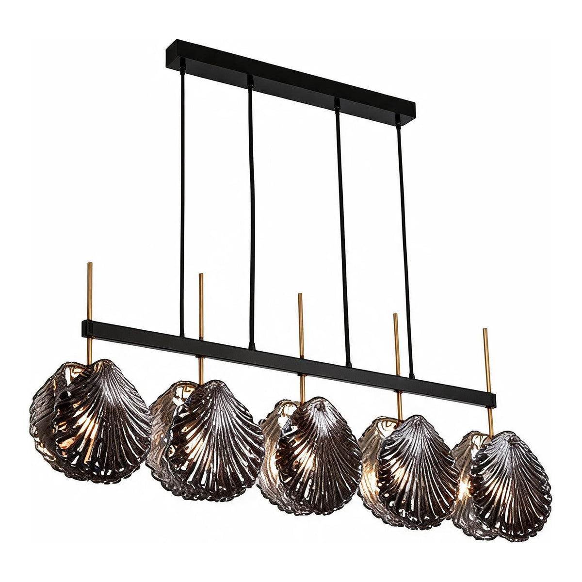 Five-Light Linear Chandelier, Smoky Gray Shell Glass, Black and Gold