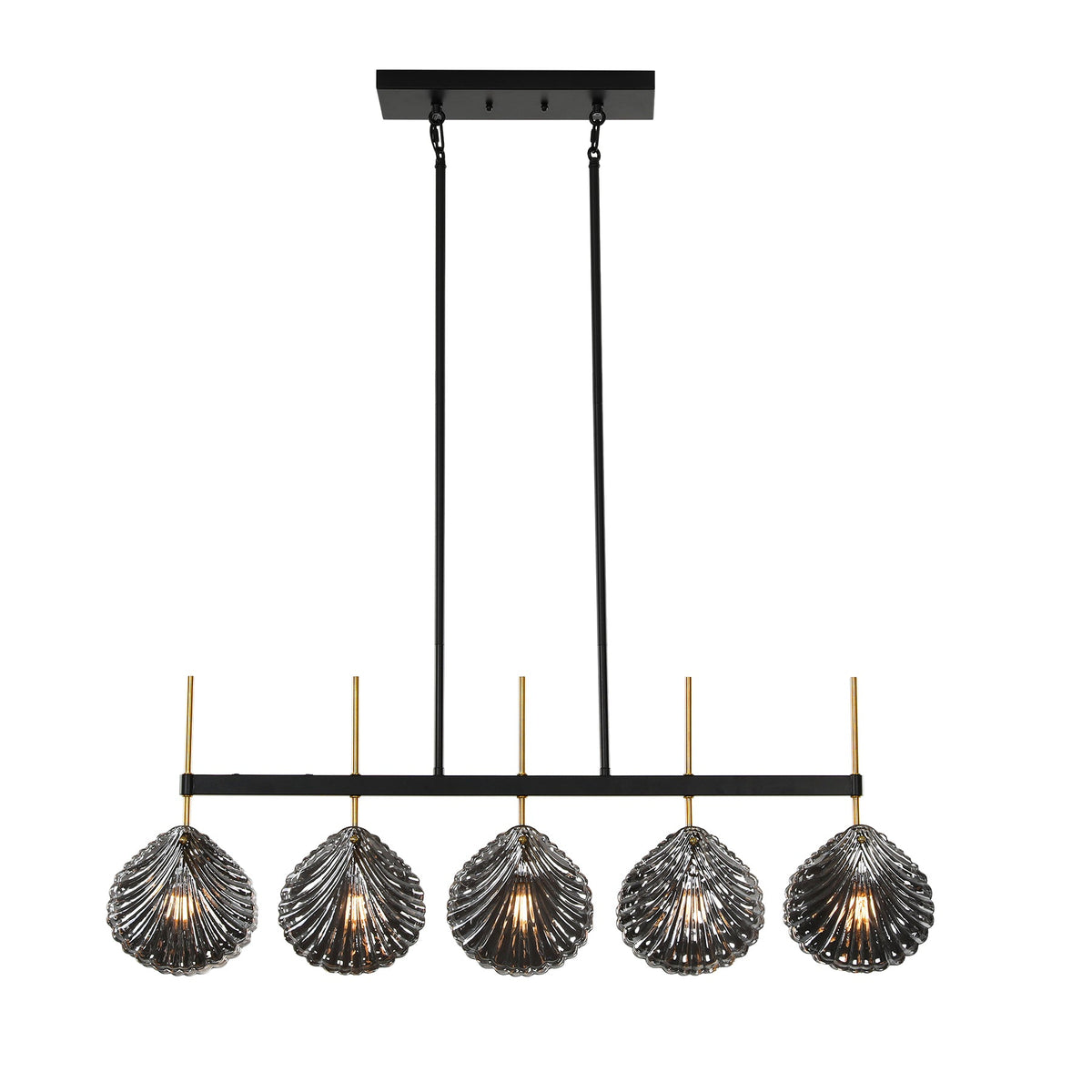 Five-light linear chandelier with smoky gray shell glass shades, black frame, and gold accents