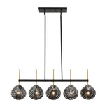 Five-light linear chandelier with smoky gray shell glass shades, black frame, and gold accents