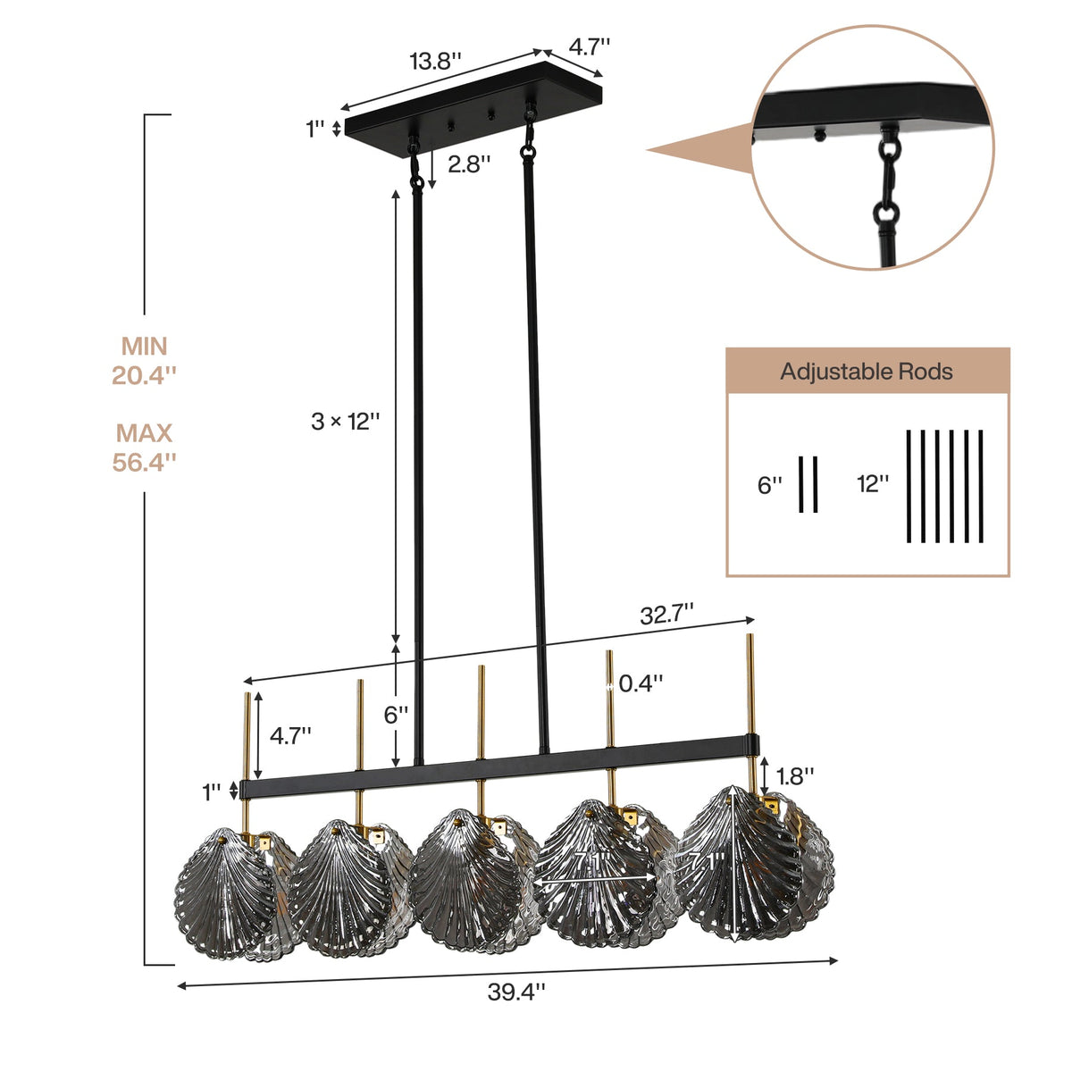 Five-light linear chandelier with smoky gray shell glass, black and gold finish, showing dimensions and adjustable rods