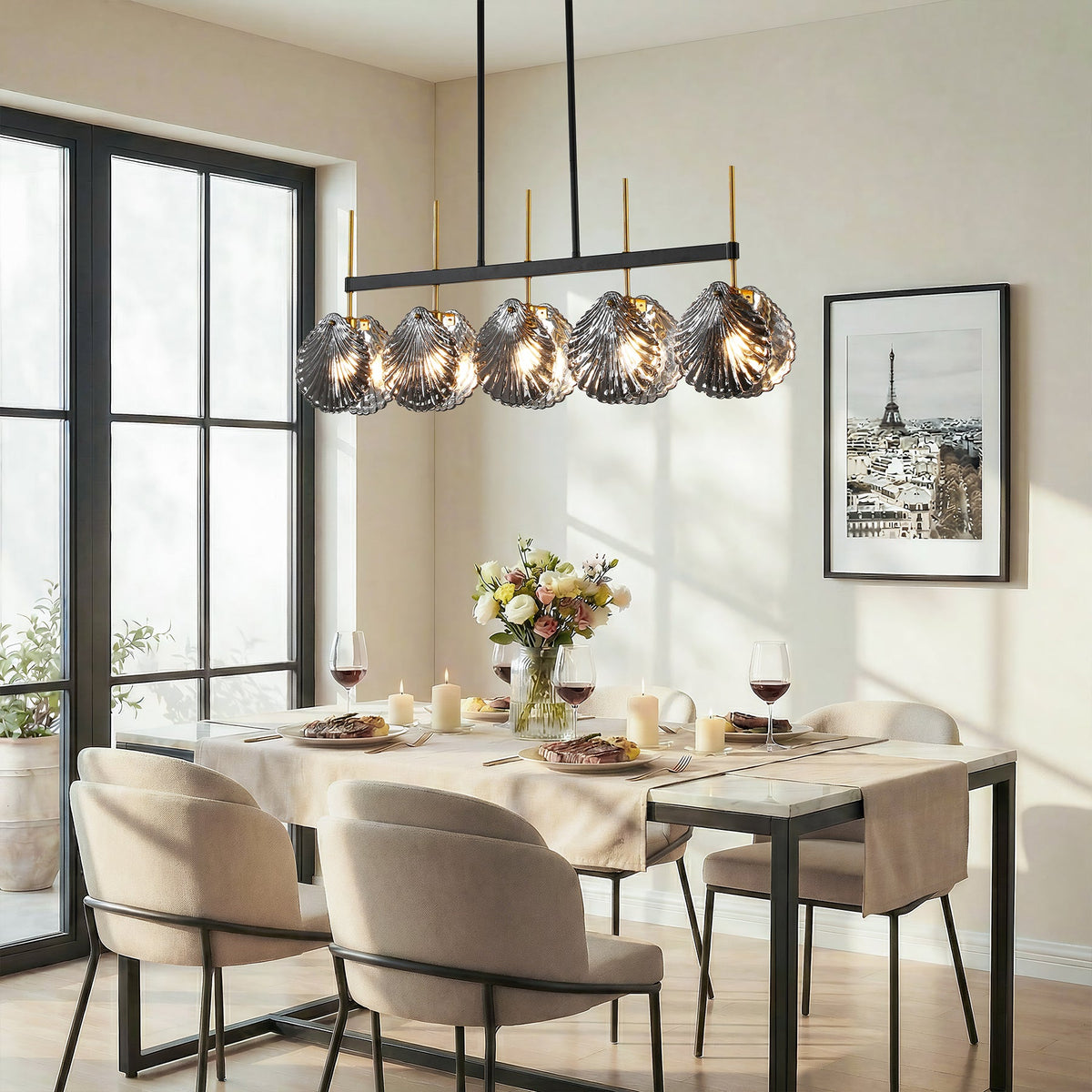 Five-Light Linear Chandelier, Smoky Gray Shell Glass, Black and Gold