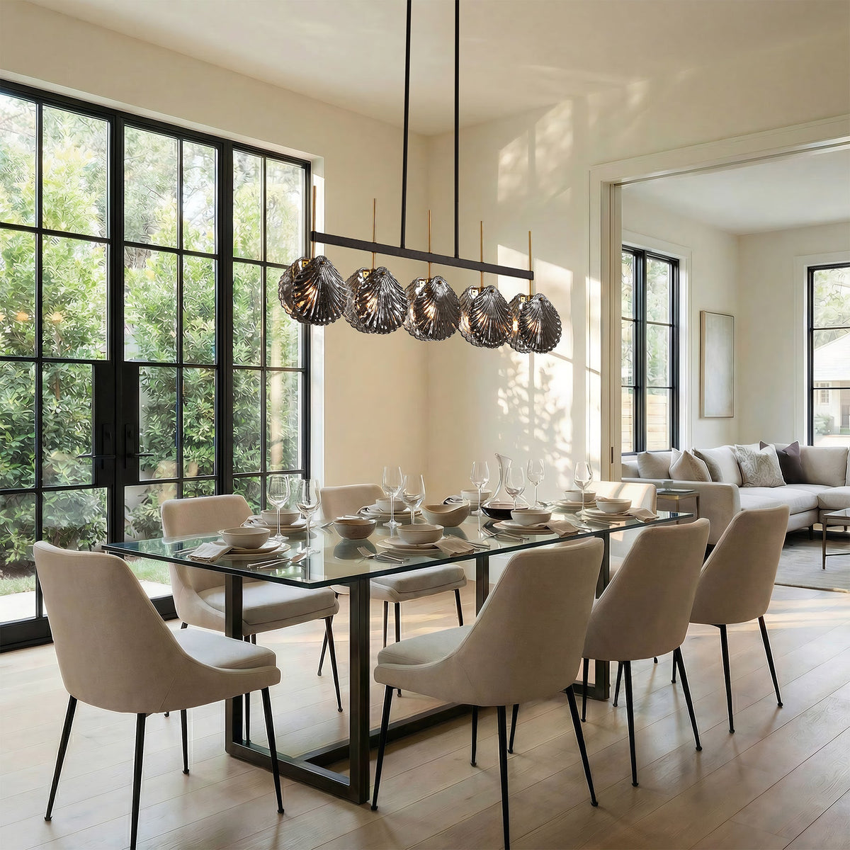 Five-Light Linear Chandelier, Smoky Gray Shell Glass, Black and Gold