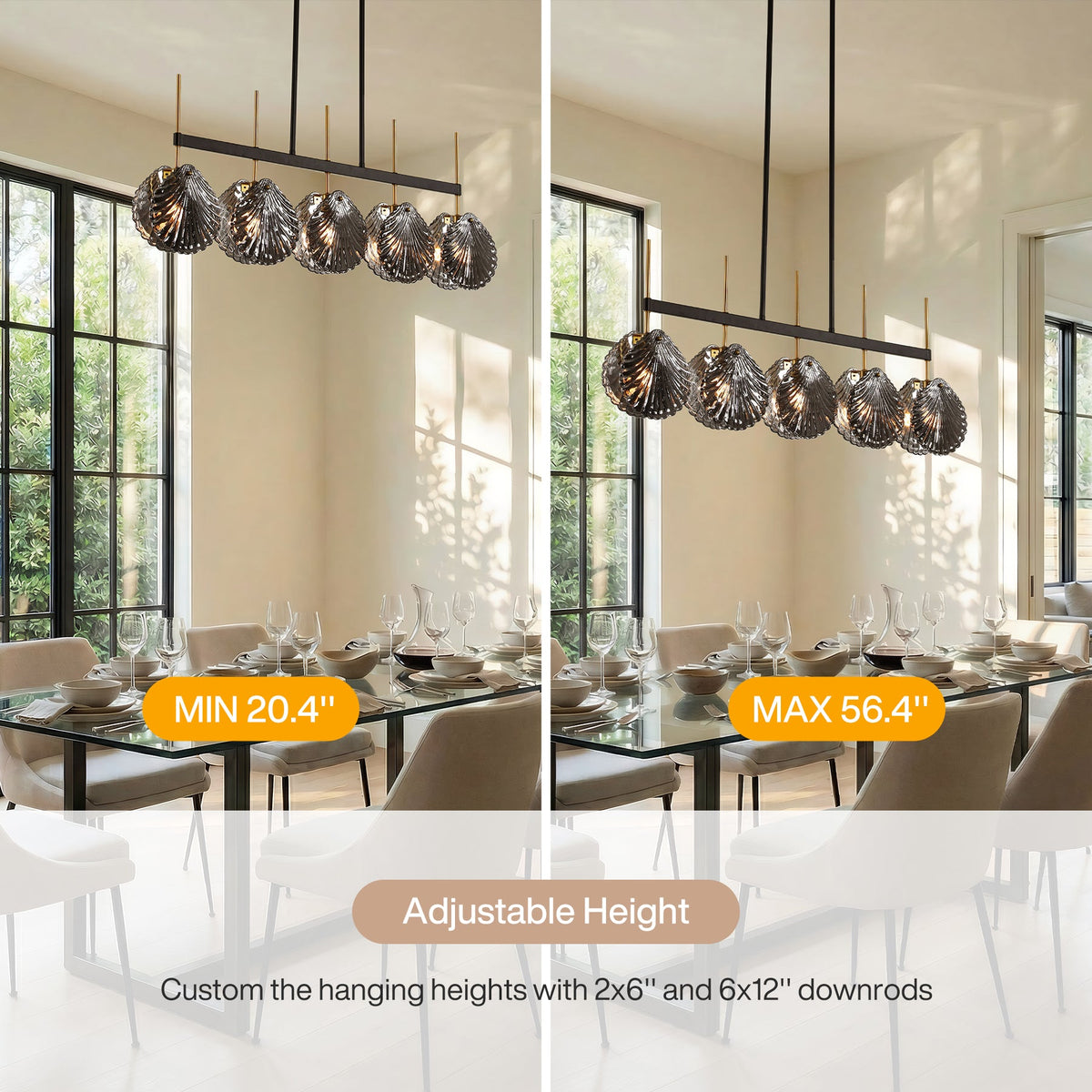 Five-light linear chandelier with smoky gray shell glass and black gold frame, shown in dining room with adjustable height indicators