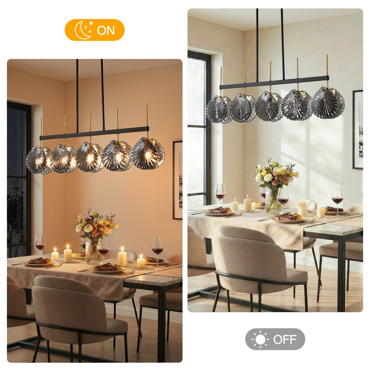 Five-light linear chandelier with smoky gray shell glass shades, black frame, and gold accents, shown lit in a dining room