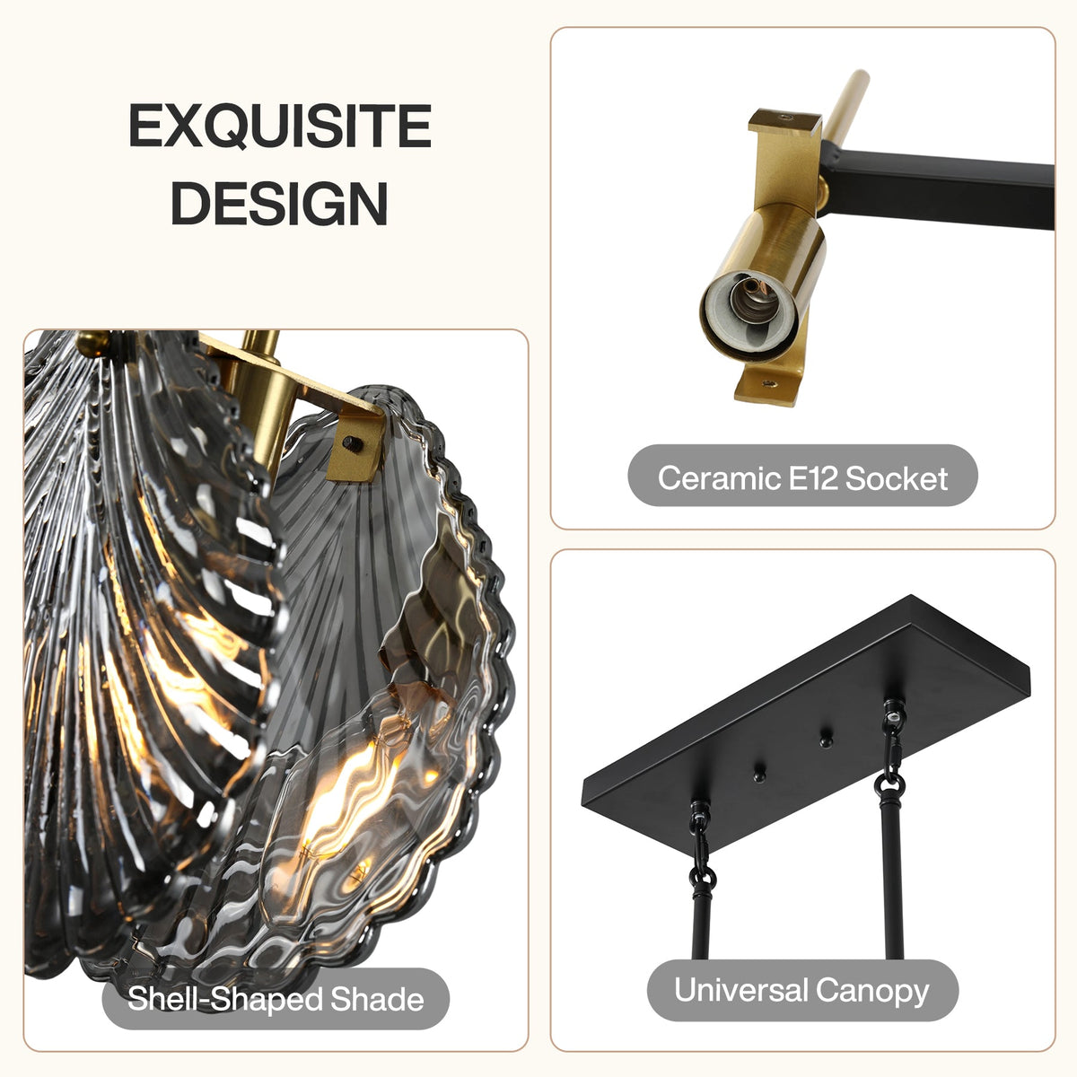 Five-light chandelier with smoky gray shell glass shade, black canopy, and gold accents