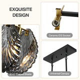 Five-light chandelier with smoky gray shell glass shade, black canopy, and gold accents