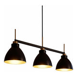 Three-light linear pendant with black and gold dome shades, shown from front angle
