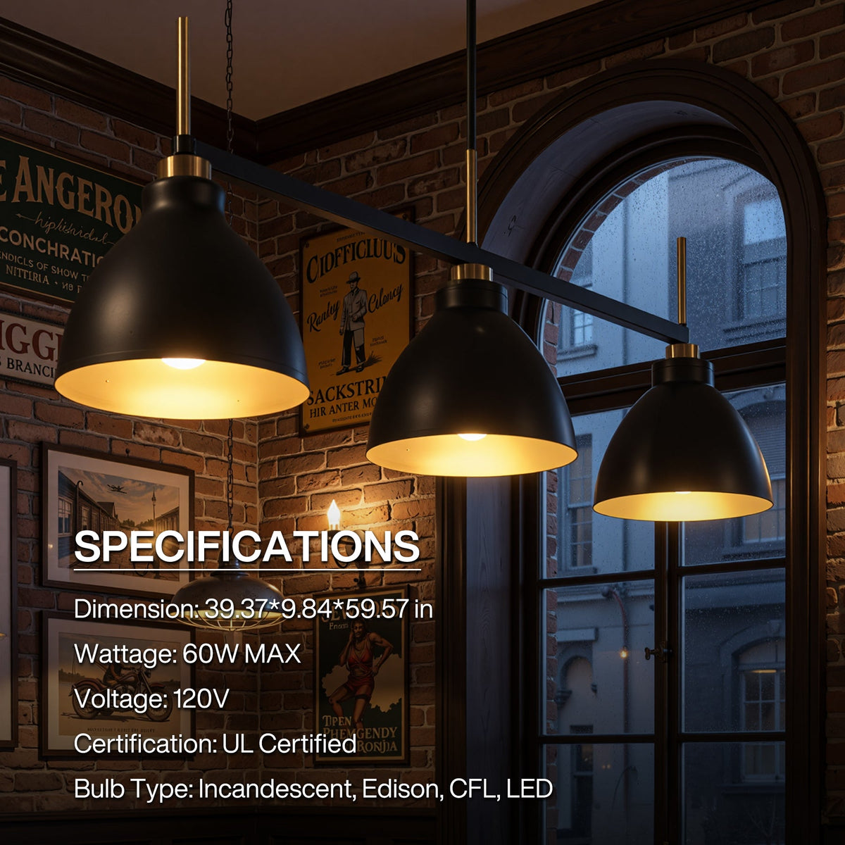 Three black and gold dome pendant lights over a brick wall with arched window, 39.37" x 9.84" x 59.57"