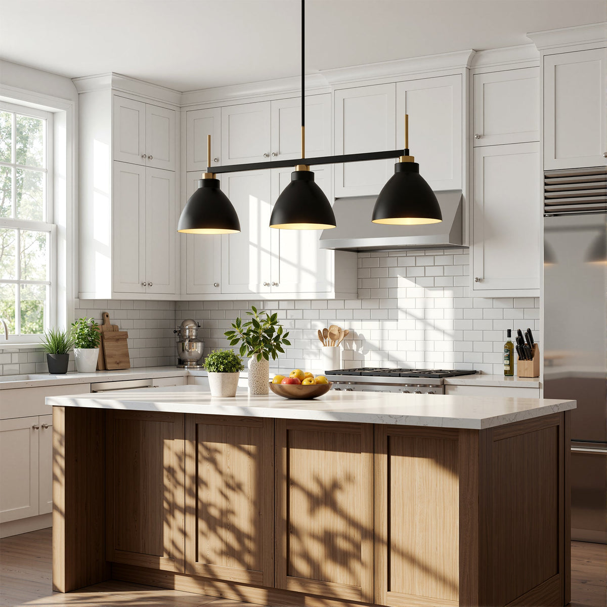 Three-Light Linear Kitchen Island Light, Black and Gold Dome Shades