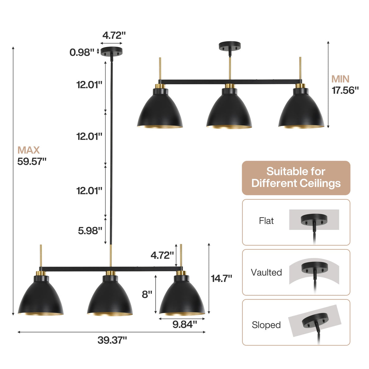 Black and gold three-light linear pendant with dimensions 39.37" wide, 59.57" max height, shown with ceiling mount options
