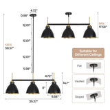 Black and gold three-light linear pendant with dimensions 39.37" wide, 59.57" max height, shown with ceiling mount options