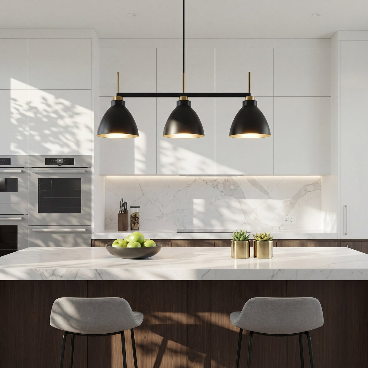Three-Light Linear Kitchen Island Light, Black and Gold Dome Shades