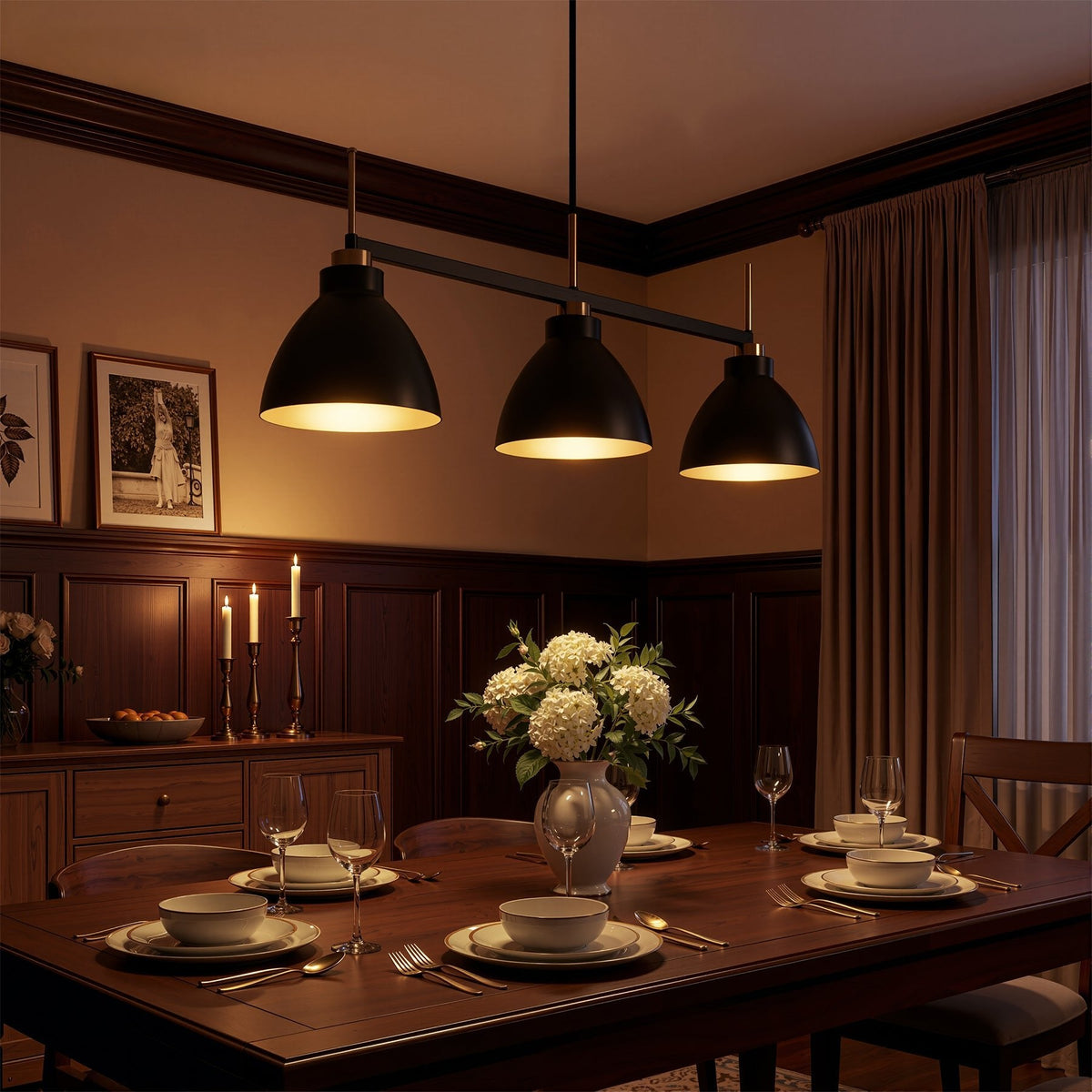Three-Light Linear Kitchen Island Light, Black and Gold Dome Shades