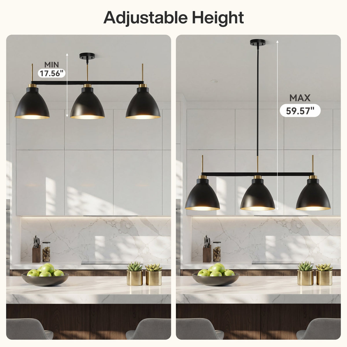 Black and gold three-light kitchen island pendant with adjustable height shown at minimum 17.56" and maximum 59.57"