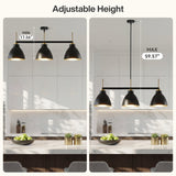 Black and gold three-light kitchen island pendant with adjustable height shown at minimum 17.56" and maximum 59.57"