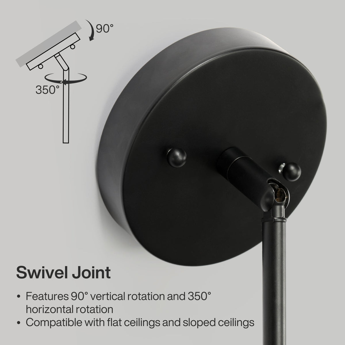 Black swivel joint for kitchen island light with 90° vertical and 350° horizontal rotation