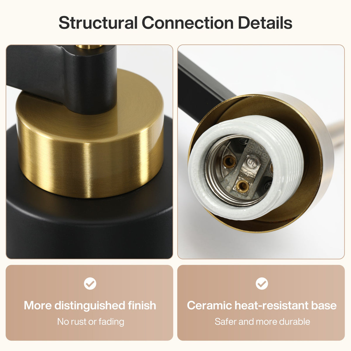 Close-up of black and gold kitchen island light base and ceramic socket