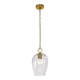 Gold pendant light with hammered glass shade and adjustable chain, shown from front view