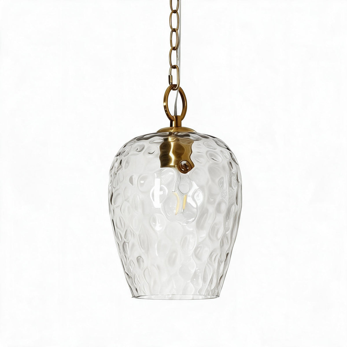 Gold pendant light with hammered glass shade and adjustable chain, shown from front angle