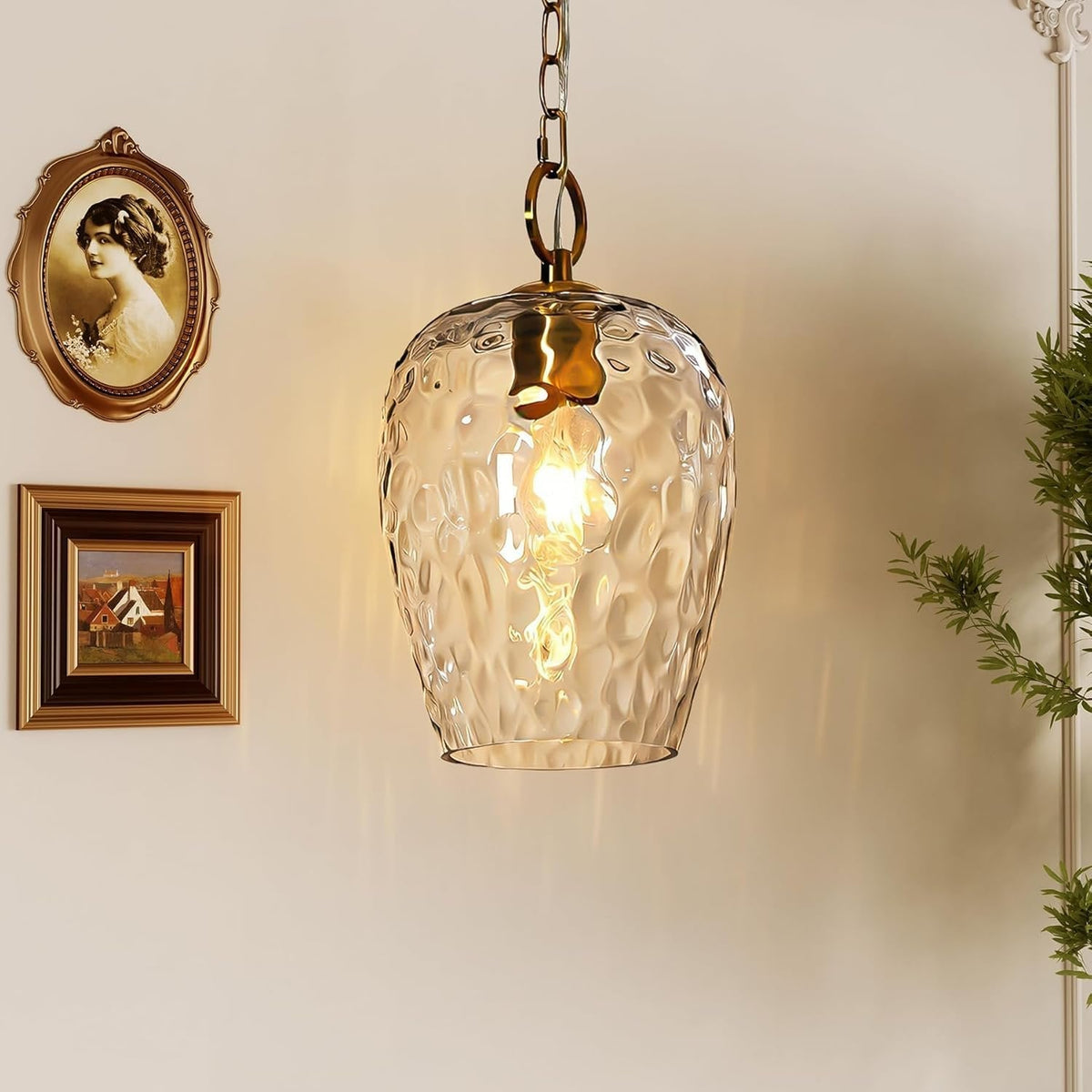 Gold Hammered Glass Pendant Light with Adjustable Chain