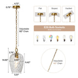 Gold hammered glass pendant light with adjustable 60-inch chain, showing dimensions and socket types