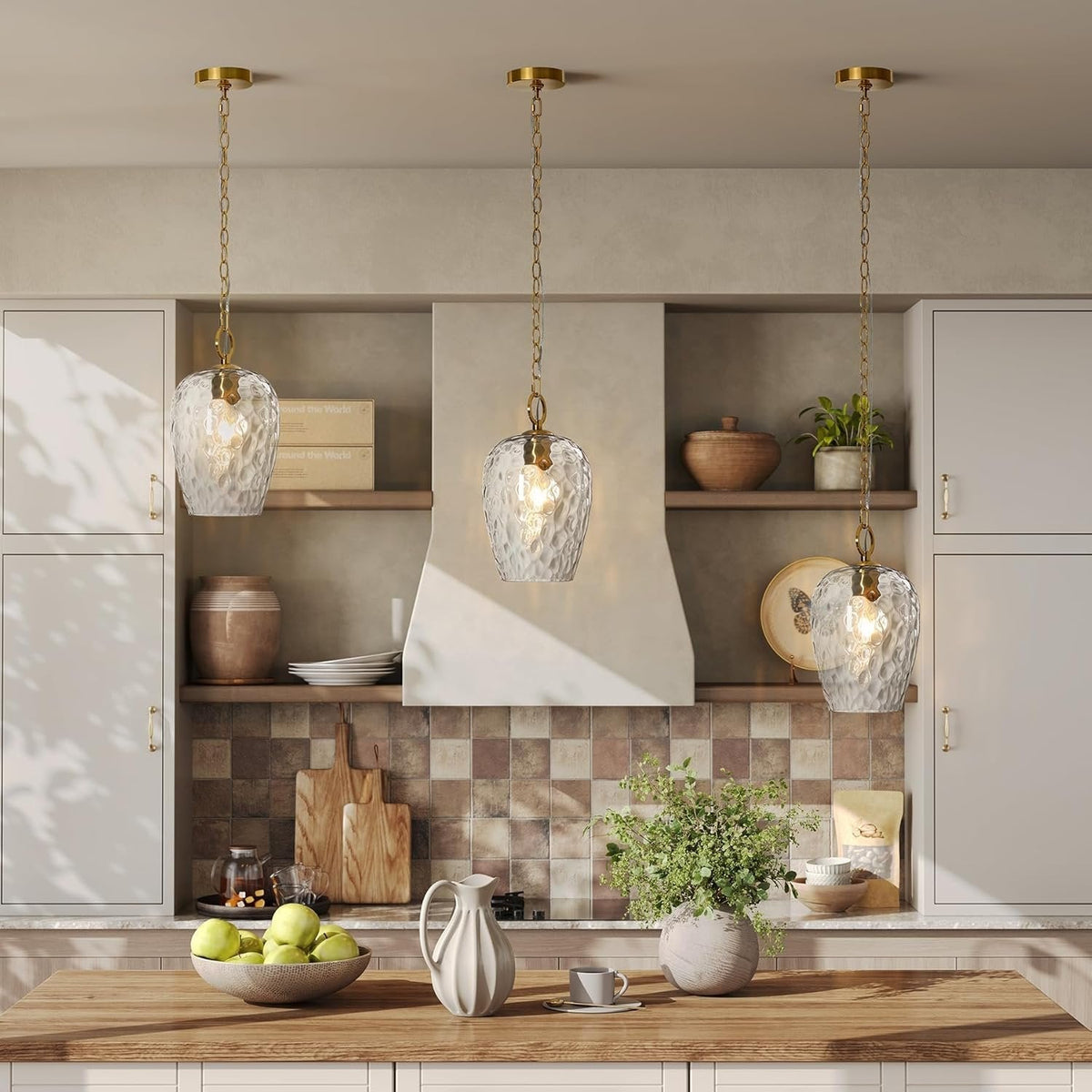 Gold Hammered Glass Pendant Light with Adjustable Chain