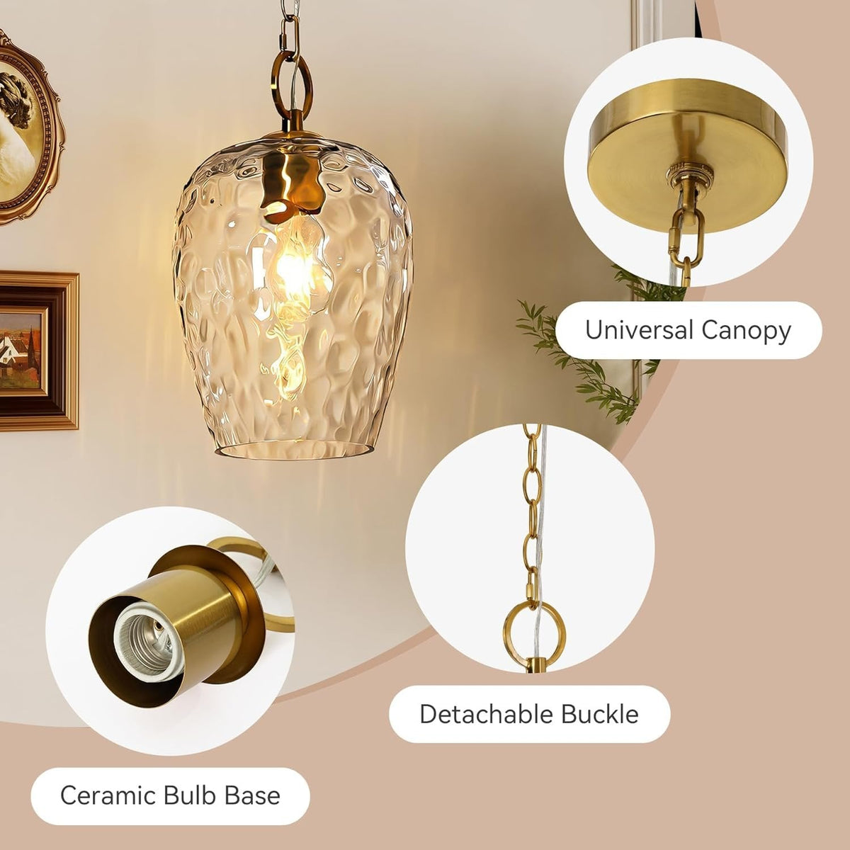 Gold hammered glass pendant light with adjustable chain and ceramic bulb base, shown in a room setting