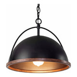 Black dome pendant light with wood grain trim, shown from front angle