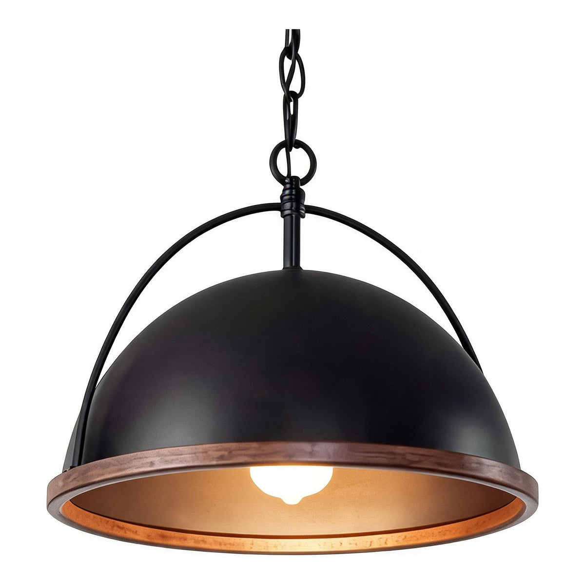 Black Dome Pendant Light with Wood Grain Trim, Adjustable Chain