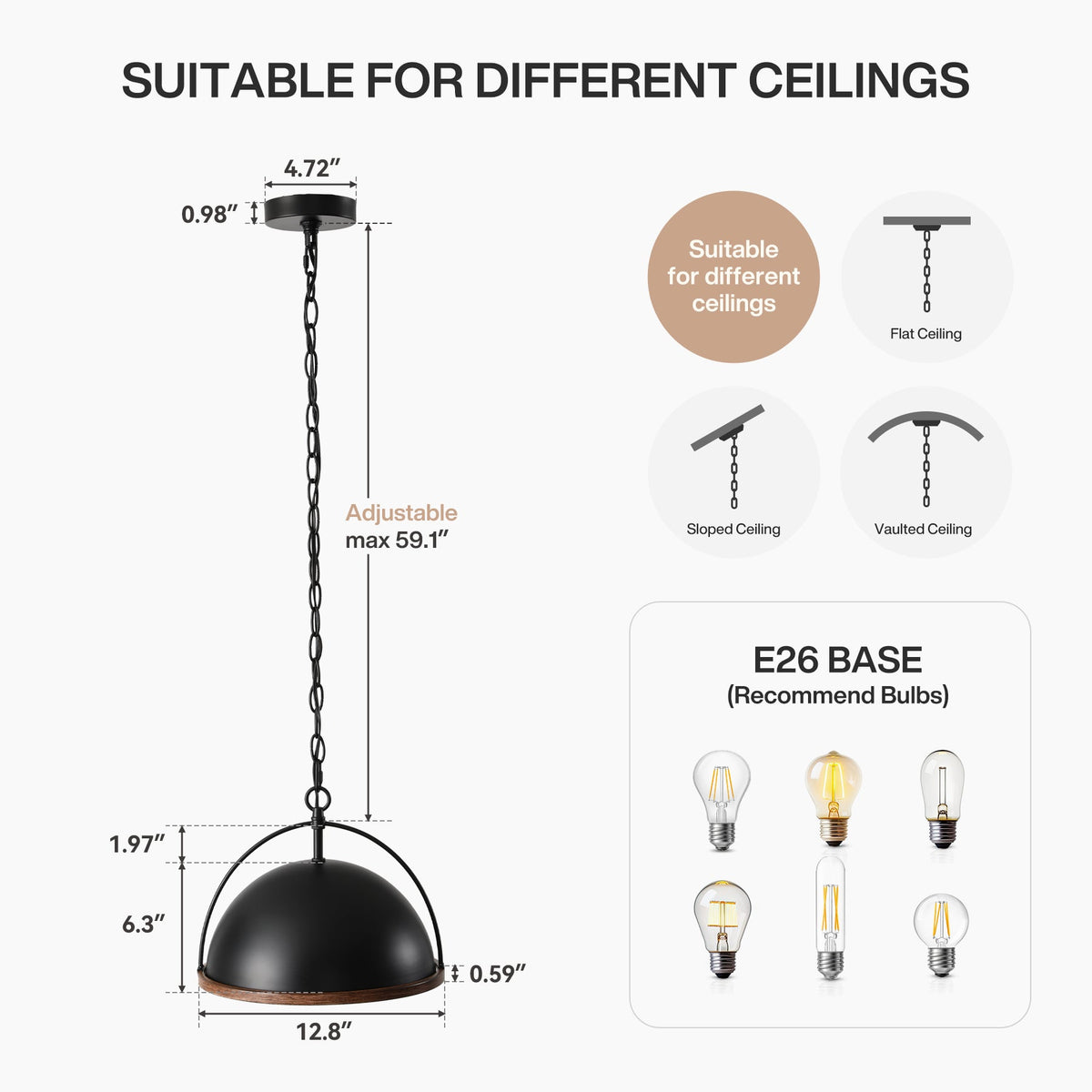 Black Dome Pendant Light with Wood Grain Trim, Adjustable Chain