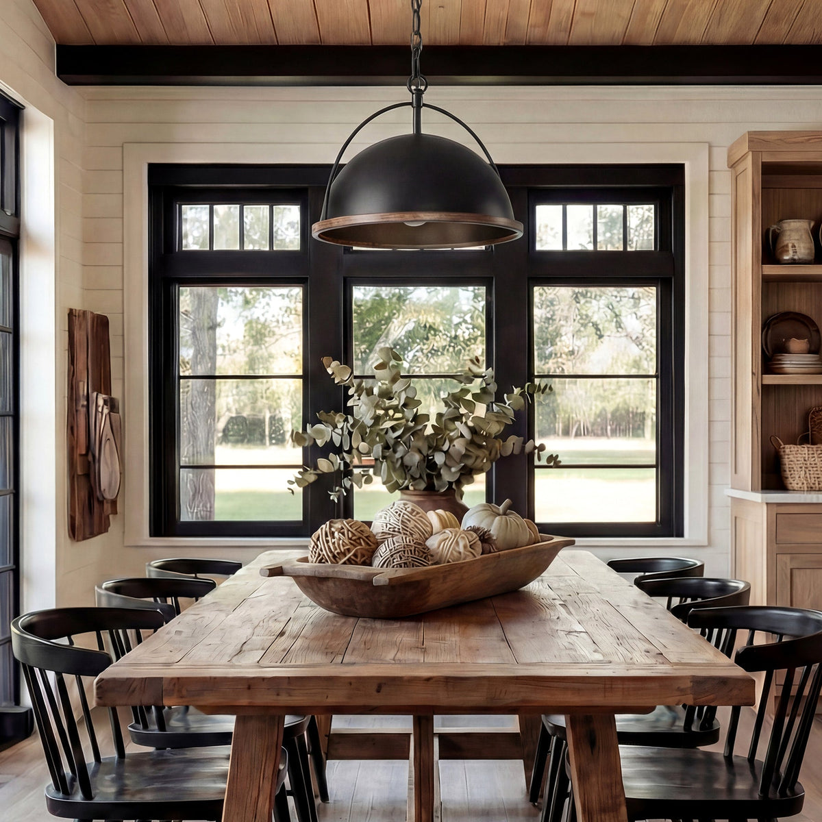 Black Dome Pendant Light with Wood Grain Trim, Adjustable Chain