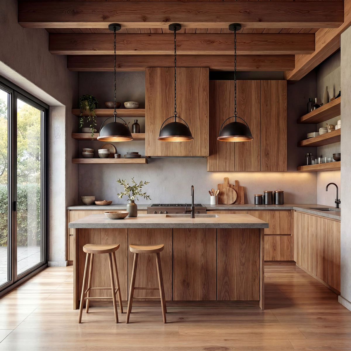 Three black dome pendant lights with wood grain trim and adjustable chains hang over a kitchen island