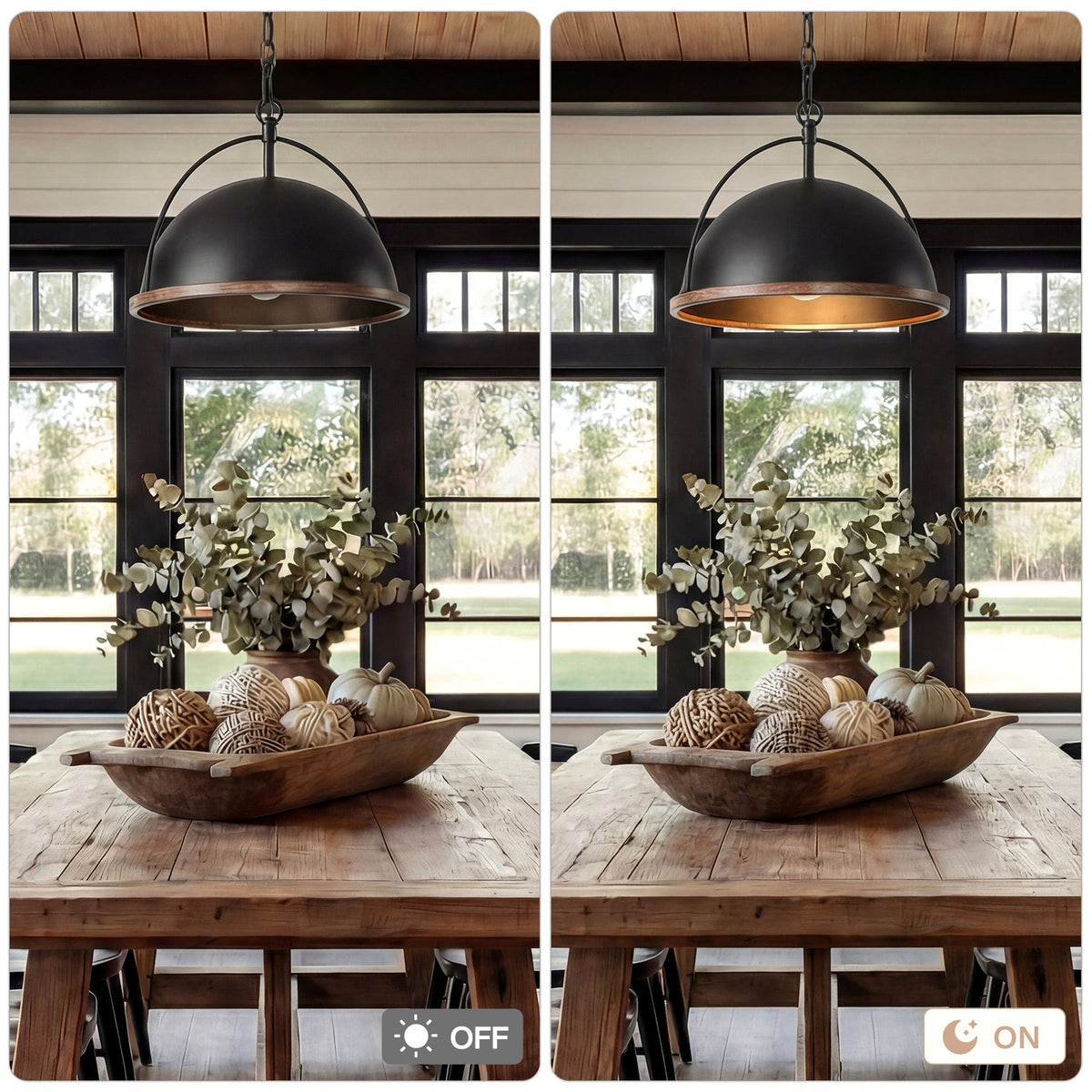 Black dome pendant light with wood trim, shown lit in a dining room