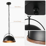 Black matte dome pendant light with wood grain trim and adjustable chain, shown from front and side angles