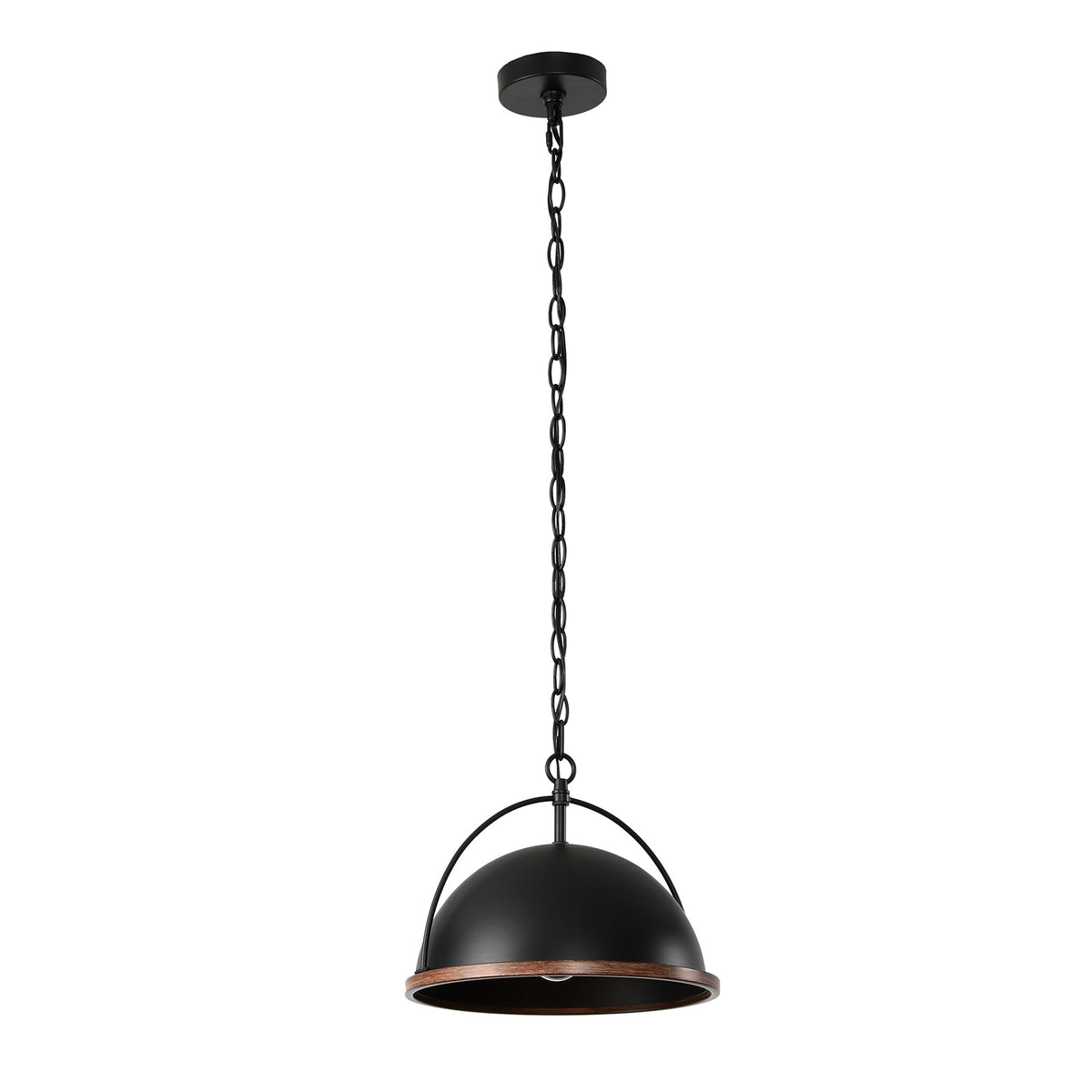 Black dome pendant light with wood grain trim, hanging from adjustable chain