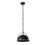 Black dome pendant light with wood grain trim, hanging from adjustable chain