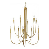 Ten-light brushed brass chandelier with curved arms, shown from front angle
