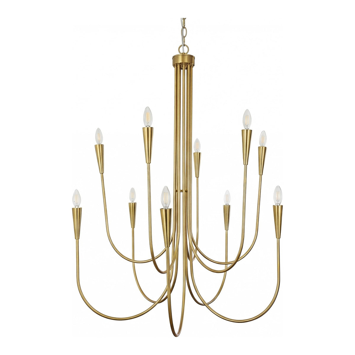 Ten-Light Brushed Brass Chandelier with U-Shaped Arms, Adjustable