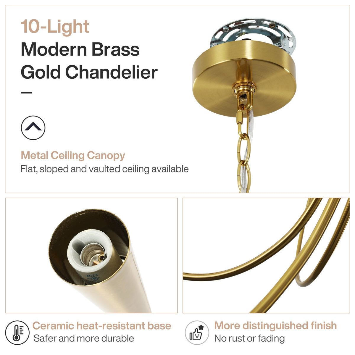 Ten-light brushed brass chandelier with U-shaped arms, shown from top-down angle