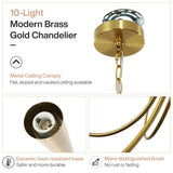 Ten-light brushed brass chandelier with U-shaped arms, shown from top-down angle