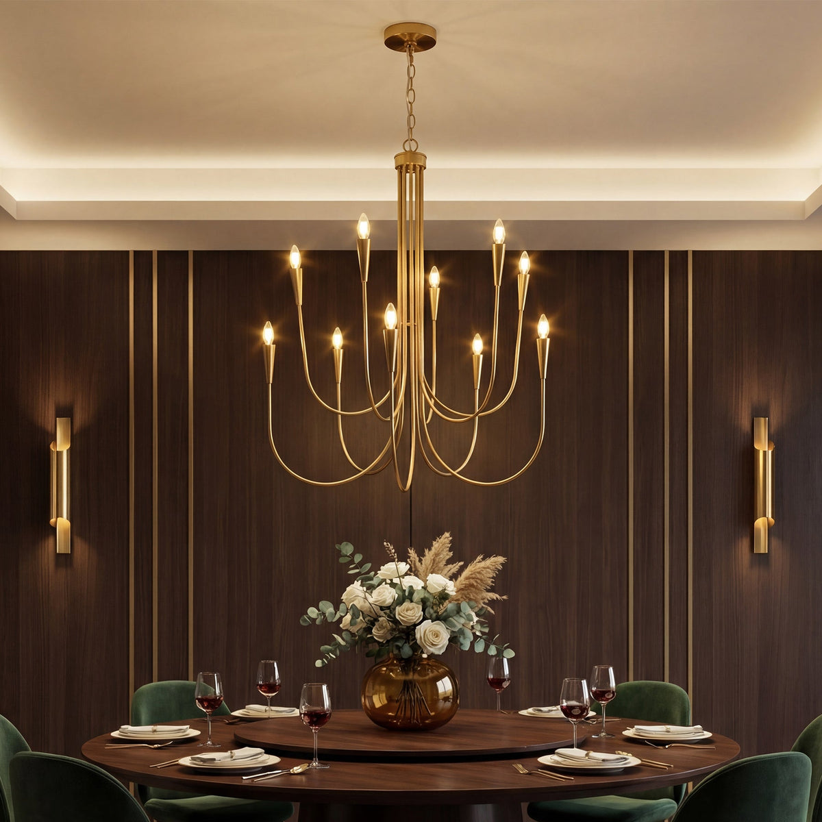 Ten-light brushed brass chandelier with curved arms, hanging over a dining table in a wood-paneled room