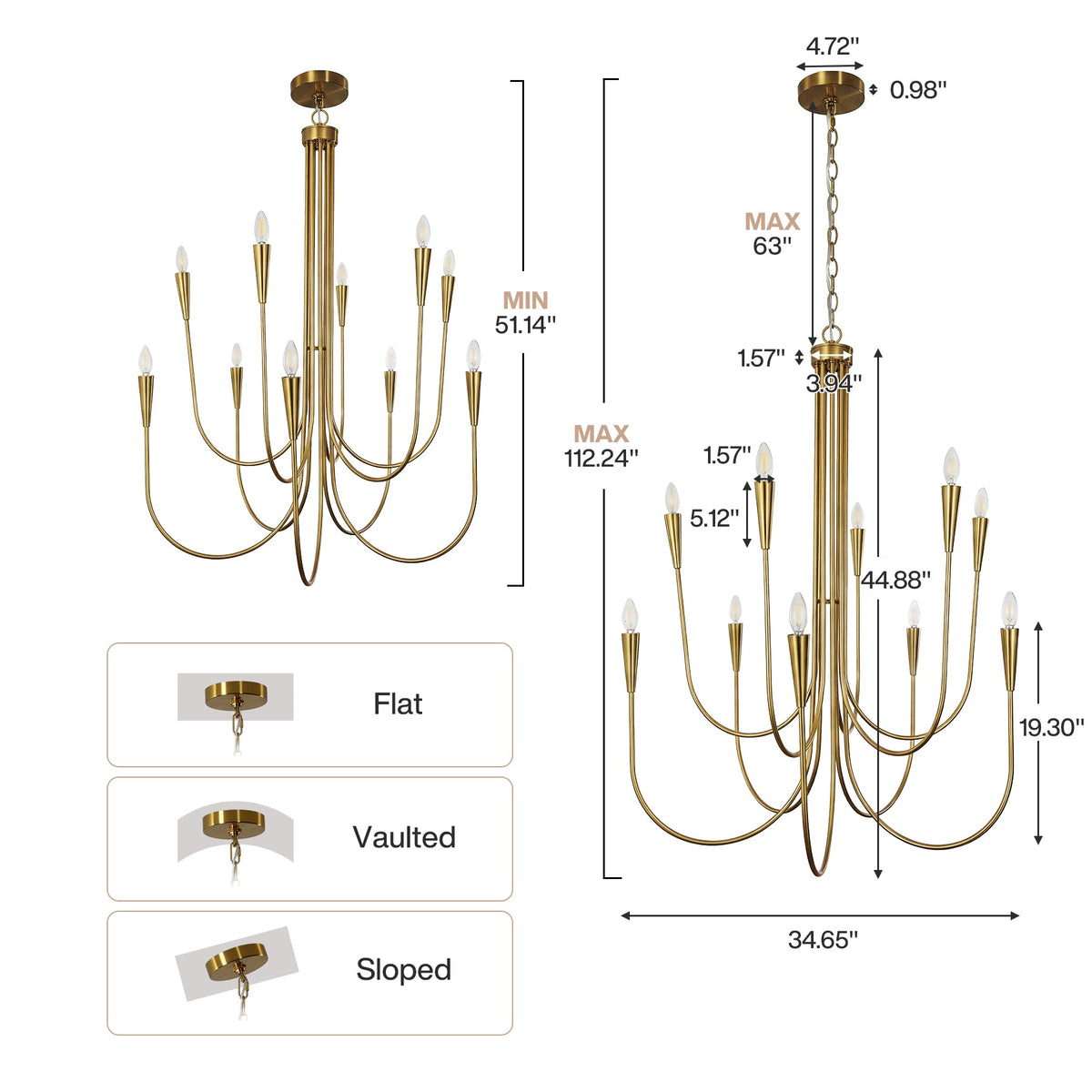 Ten-light brushed brass chandelier with U-shaped arms, showing dimensions: 34.65" wide, 44.88" tall, 19.30" deep