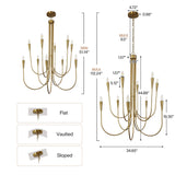 Ten-light brushed brass chandelier with U-shaped arms, showing dimensions: 34.65" wide, 44.88" tall, 19.30" deep