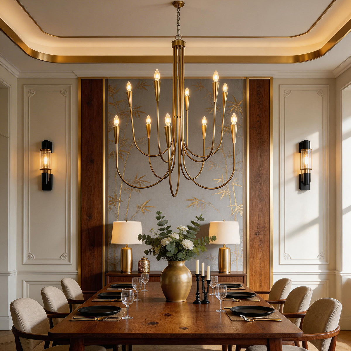 Ten-Light Brushed Brass Chandelier with U-Shaped Arms, Adjustable